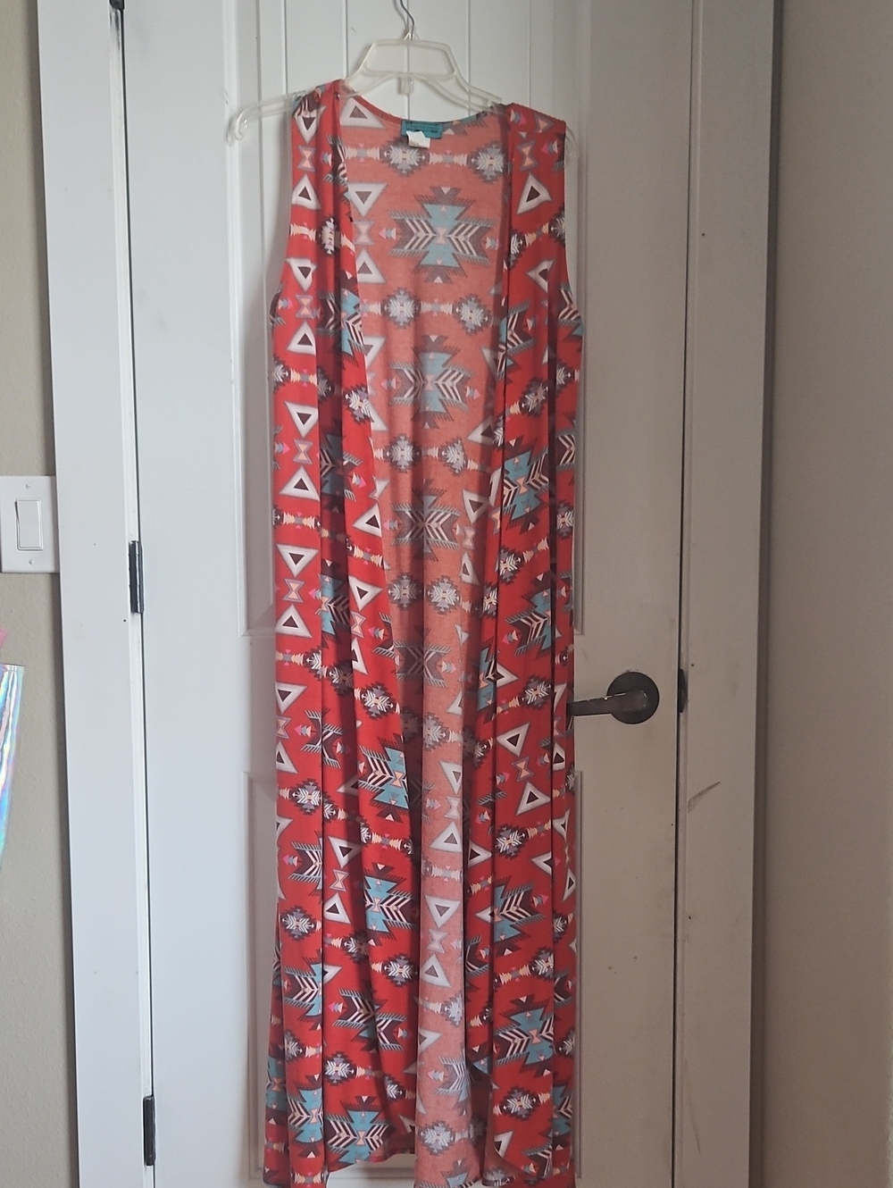 Long Open-Front Women's Cardigan in Coral Aztec Print